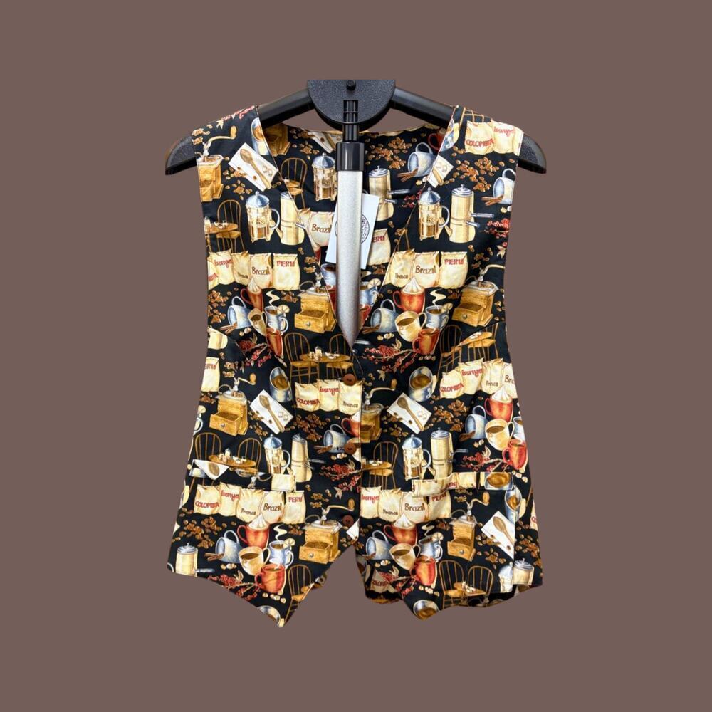 Coffee Print Button Vest | Black | Size XL | Vintage